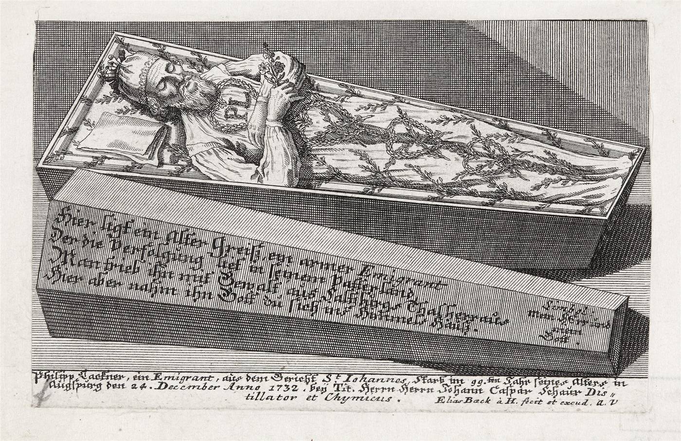 Der tote Emigrant Philipp Lackner, starb im 99.ten Jahr seines Alters in Augspurg den 24. December Anno 1732, Elias Baeck (1679–1747), Augsburg, um 1733, Kupferstich, Salzburg Museum, Inv.-Nr. 3017-49