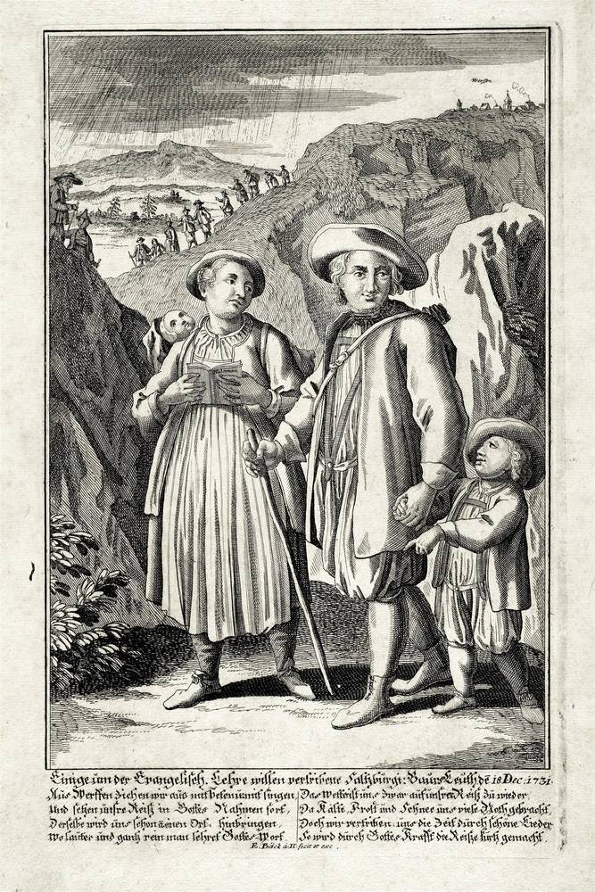 Salzburger Emigrantenfamilie aus Werfen am 18. Dezember 1731, Elias Baeck (1679–1747), Augsburg, um 1732, Kupferstich, Salzburg Museum, Inv.-Nr. 5504-49