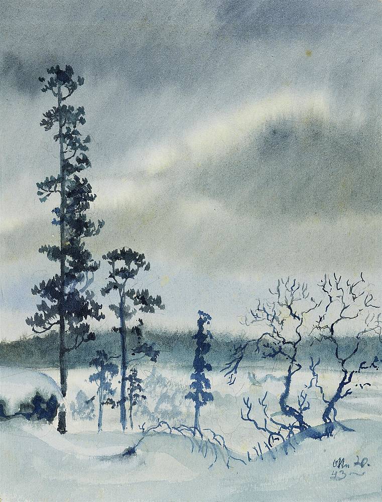 Werner Otte (1922–1996), Baumreihe in flacher schneebedeckter Landschaft, 1943, Aquarell auf Papier Salzburg Museum, © Hanns und Werner Otte, Salzburg