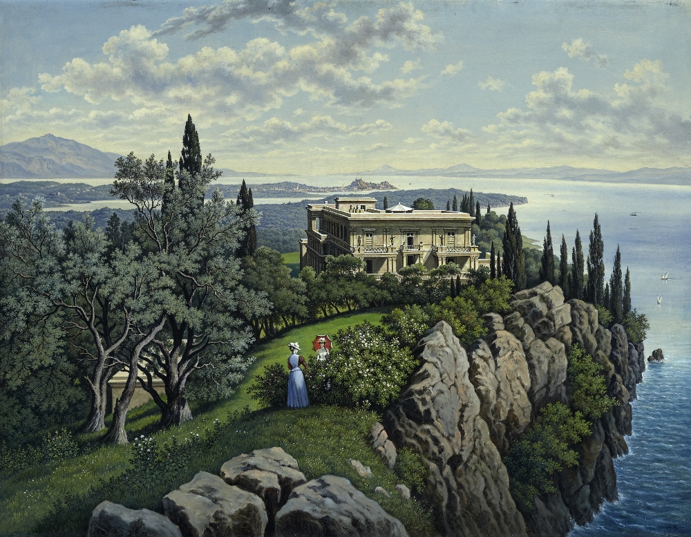 Hubert Sattler, Kosmorama: Villa "Achilleion" der österreichischen Kaiserin Elisabeth auf der Insel Korfu (Griechenland), Öl auf Leinwand, Inv.-Nr. 9026-49