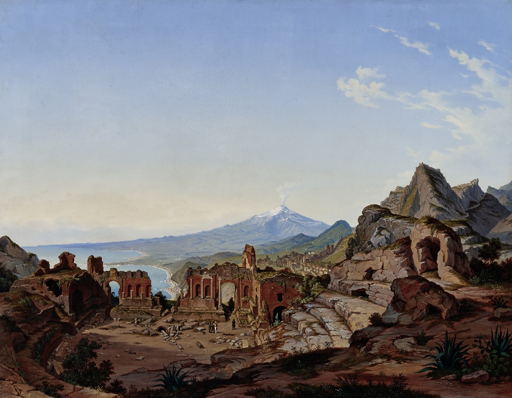 Hubert Sattler, Kosmorama: Taormina mit dem Ätna auf Sizilien (Italien), Öl auf Leinwand, Inv.-Nr. 9085-49