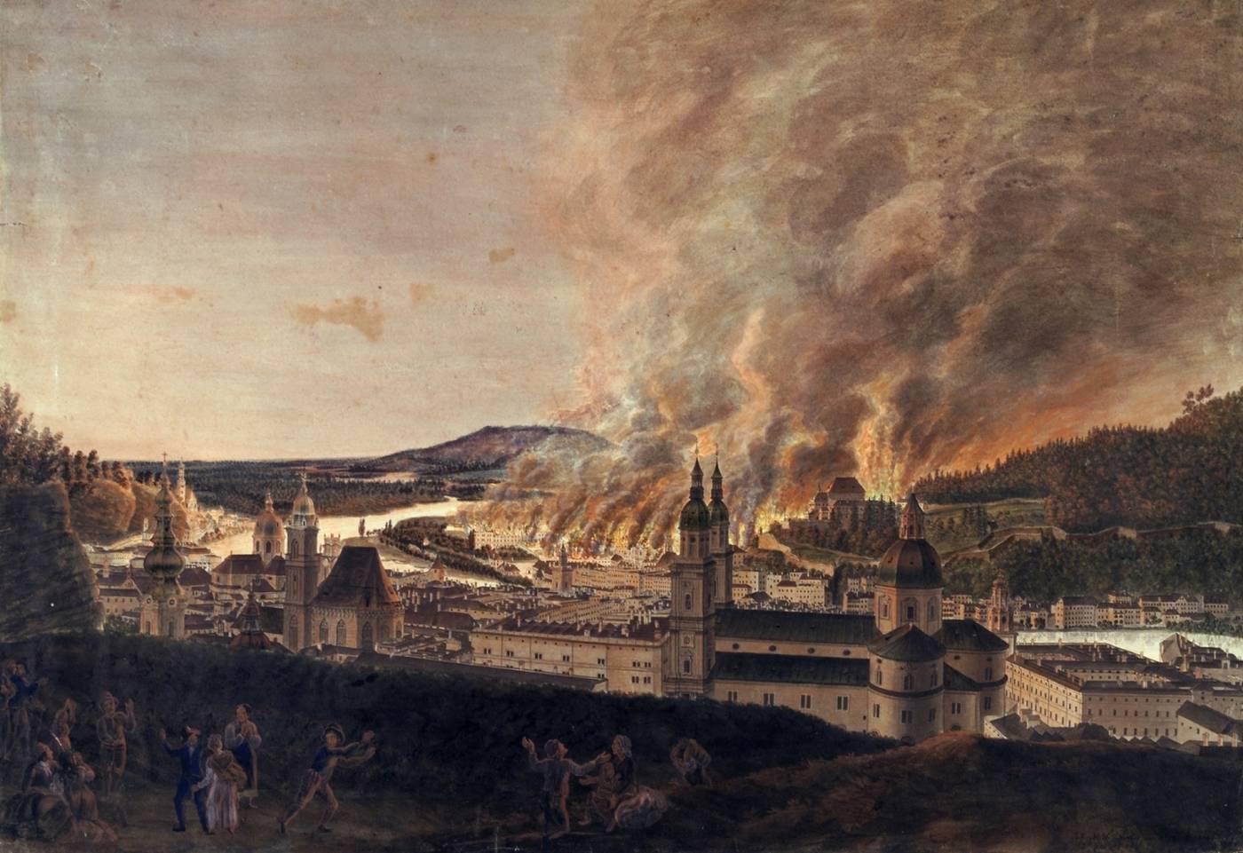 Der große Brand der Rechtsstadt von Salzburg am 30. April 1818, Johann Michael Sattler, 1818–1828, InvNr 2065-49, © Salzburg Museum