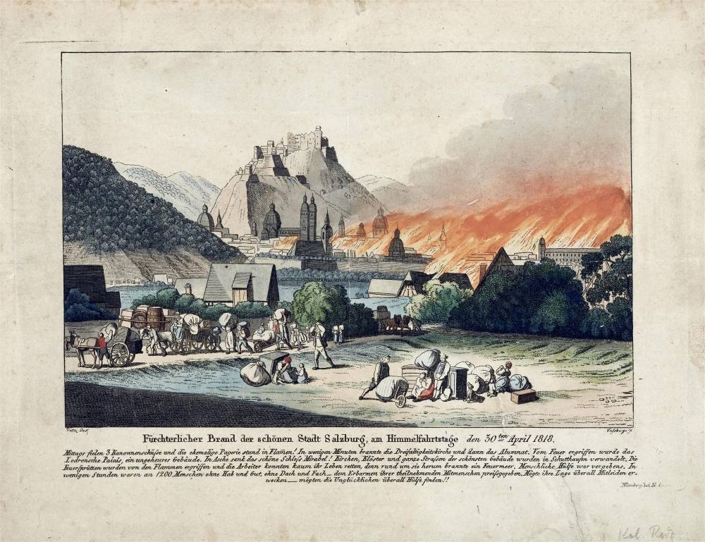 Stadtbrand in Salzburg am 30. April 1818, Joh. Nusbiegel (?) nach Voltz, um 1900 , InvNr 4935-49, © Salzburg Museum