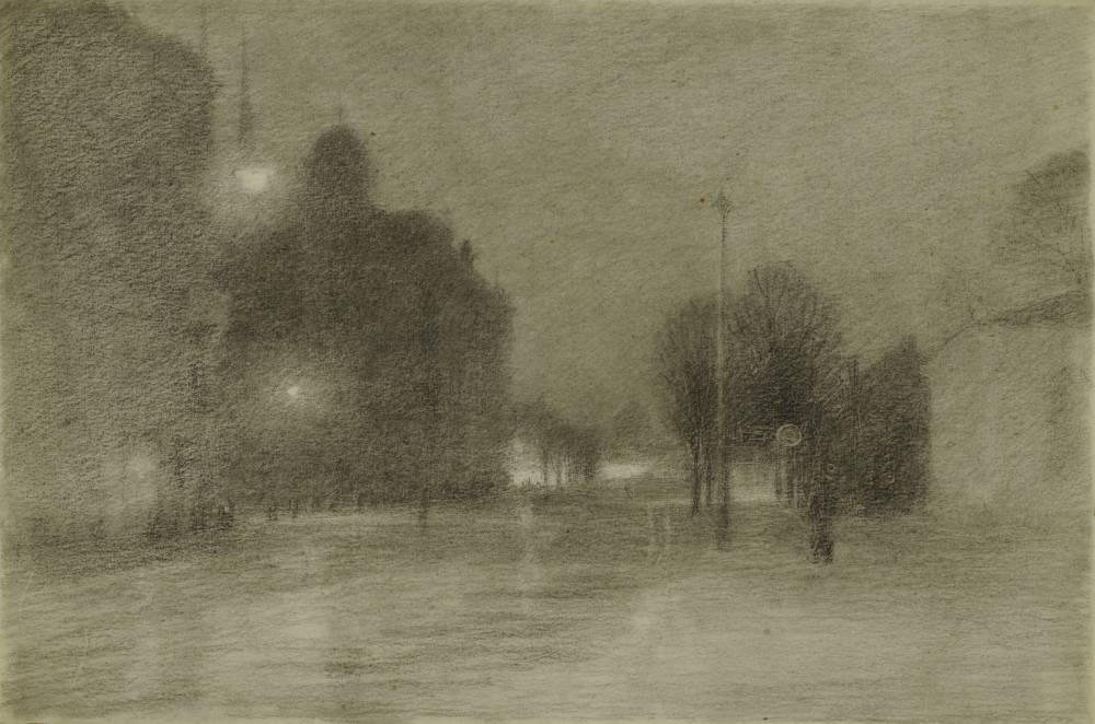 Franz Pichler (1887–1937), Abendlicher Mirabellplatz bei Nebel, 1920er Jahre, Kohle auf Papier, © Salzburg Museum