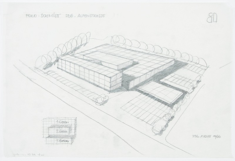 Autohaus O. Schmidt OHG, Salzburg-Alpenstrasse, preliminary sketch: perspective, Gerhard Garstenauer, 1966, inv. no. AR 011 co-2010