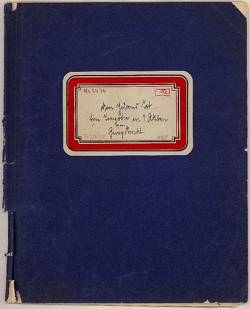 Georg Trakl, The Death of Don Juan:  A tragedy in 3 acts, four sheets in folder, of which the first two are written on one side, two loose sheets, also written on one side. Title on shield on cover, cardboard, paper, ink, inv. no. BIB HS 2474