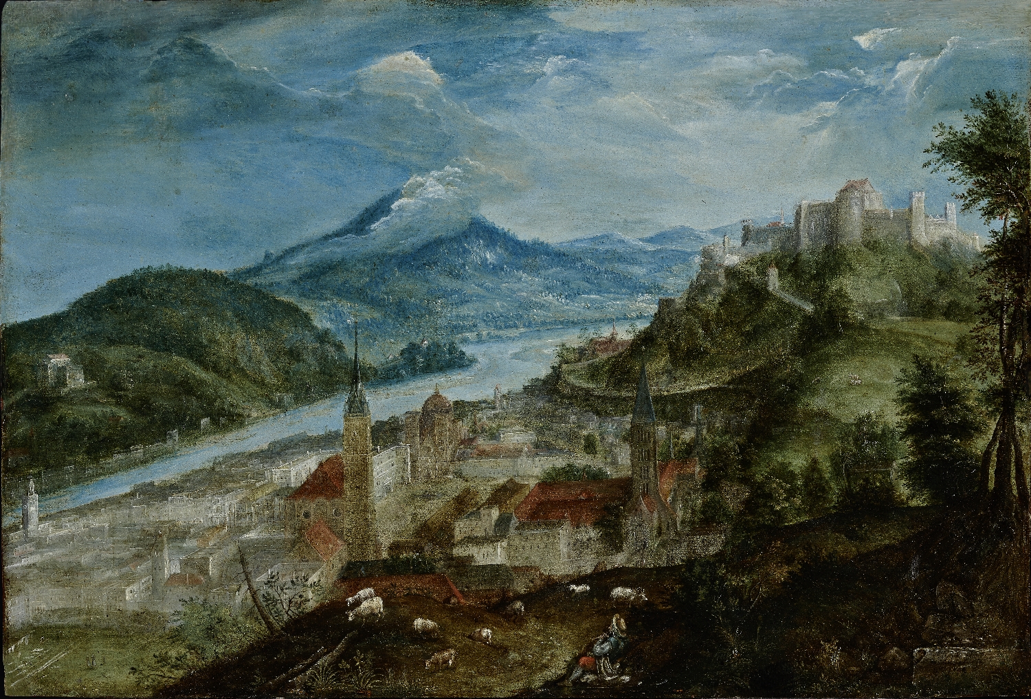 Blick auf Salzburg, Philipp van den Bossche (Bosch, Busch, Posch), 1599, Öl auf Kupferplatte, Salzburg Museum (Dauerleihgabe Salzburger Museumsverein), Inv.-Nr. 1900-2013