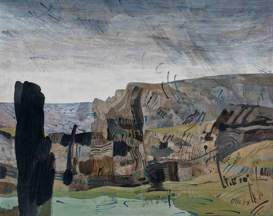 Werner Otte (1922–1996), Landschaft mit Regenschauer, 1974, Acryl, Öl auf Platte, Salzburg Museum, © Hanns und Werner Otte, Salzburg